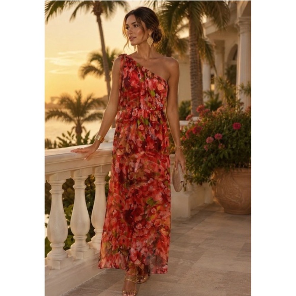 Lara G‎ Italy Silk Blend Floral One Shoulder Maxi Dress Red Orange L Resort Glam